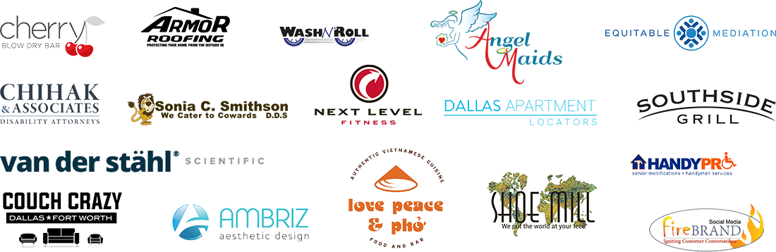 Client logos including Cherry Blow Dry Bar, Armor Roofing, Wash N Roll, Angel Maids, and more