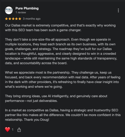 Pure Plumbing 5-star Google review