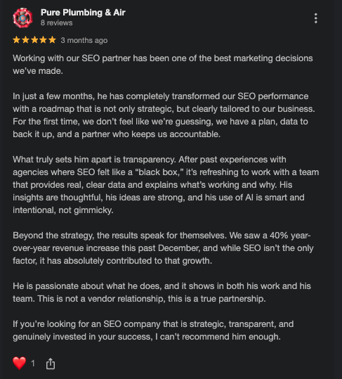 Pure Plumbing & Air 5-star Google review