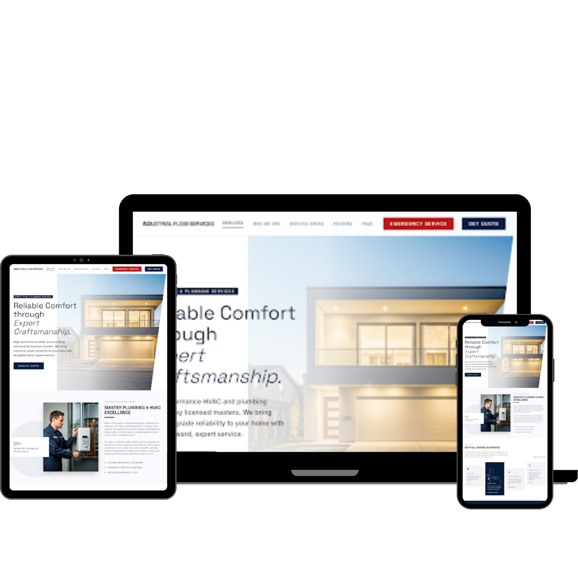 Responsive residential plumbing and HVAC website sample shown on desktop, tablet, and mobile devices