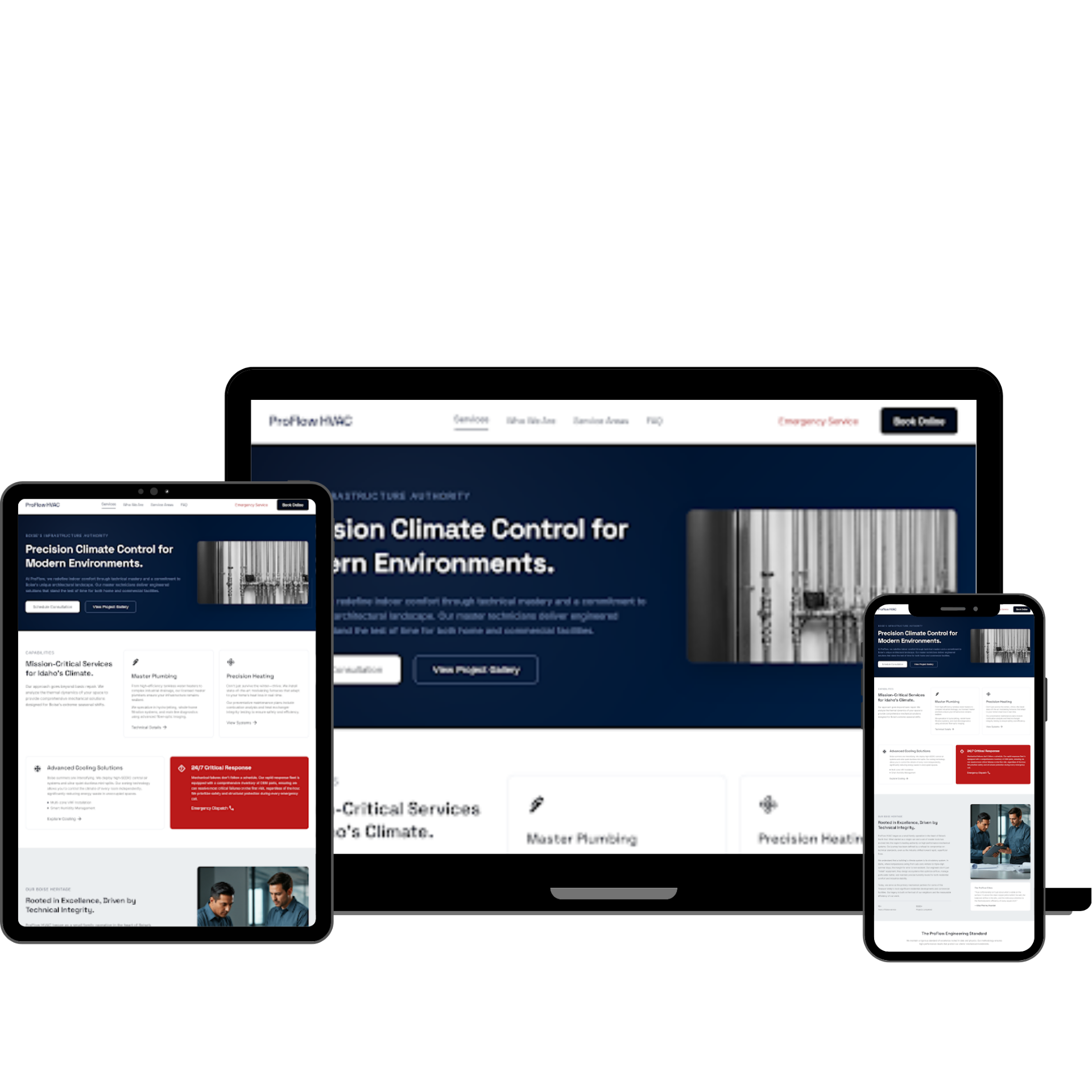Responsive commercial HVAC website sample shown on desktop, tablet, and mobile devices