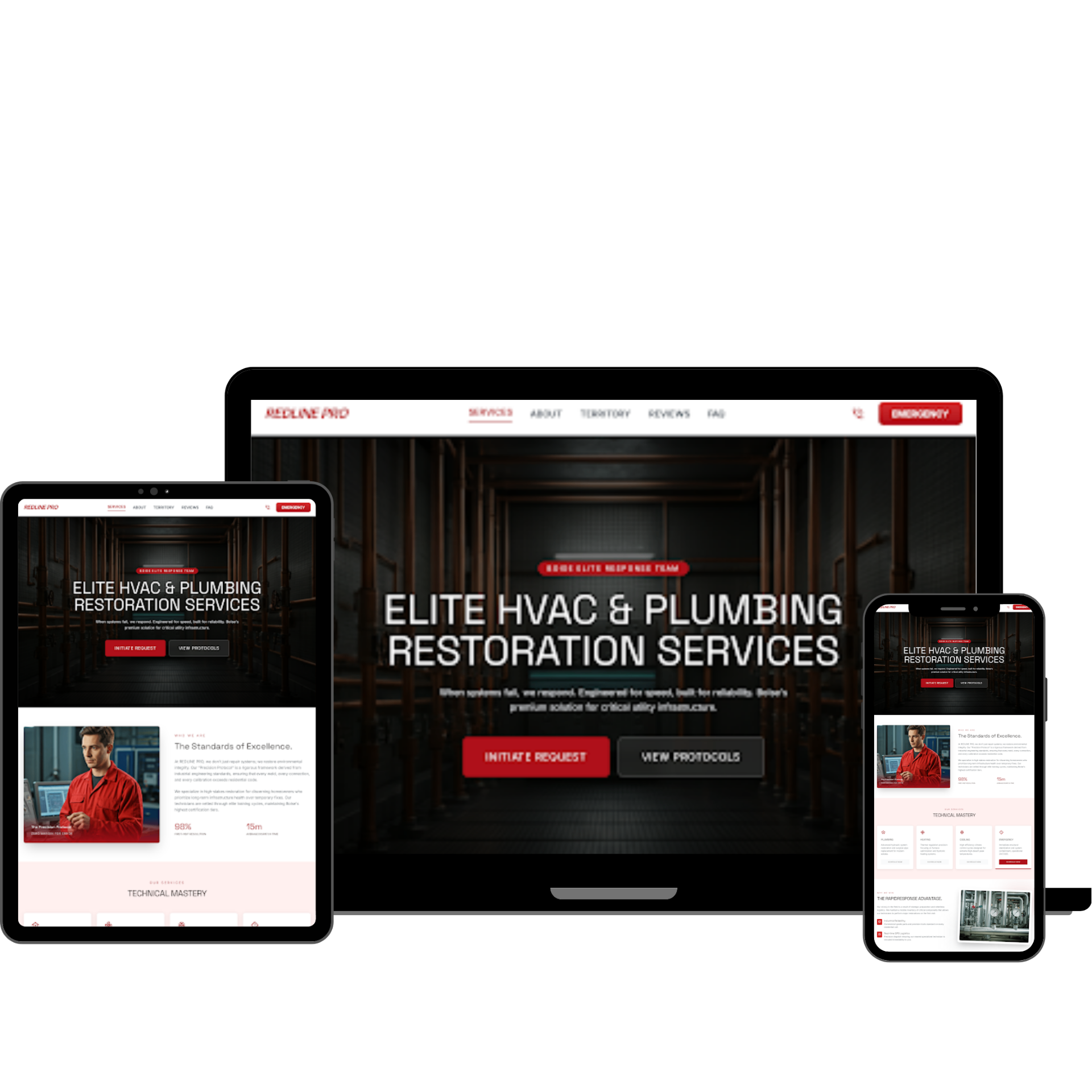 Responsive emergency HVAC and plumbing restoration website sample shown on desktop, tablet, and mobile devices